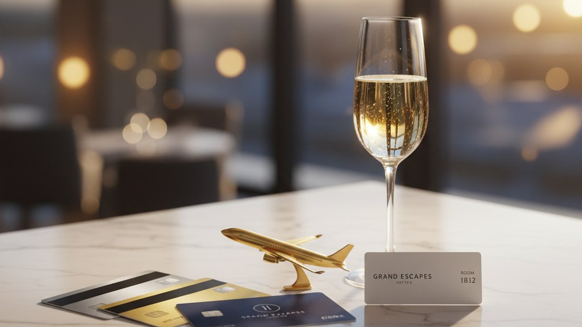 Cartões de crédito premium com champagne e avião dourado em lounge
