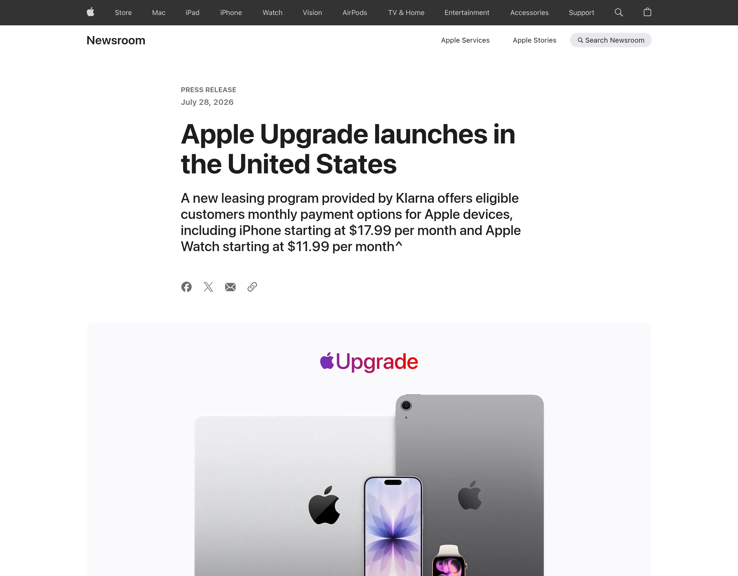 Apple Upgrade: anúncio oficial da Apple em 28 de julho de 2026