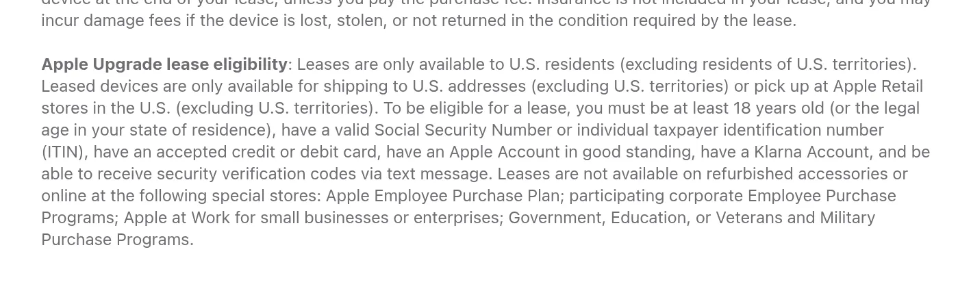 Apple Upgrade aceita ITIN: rodapé oficial com Social Security Number or individual taxpayer identification number