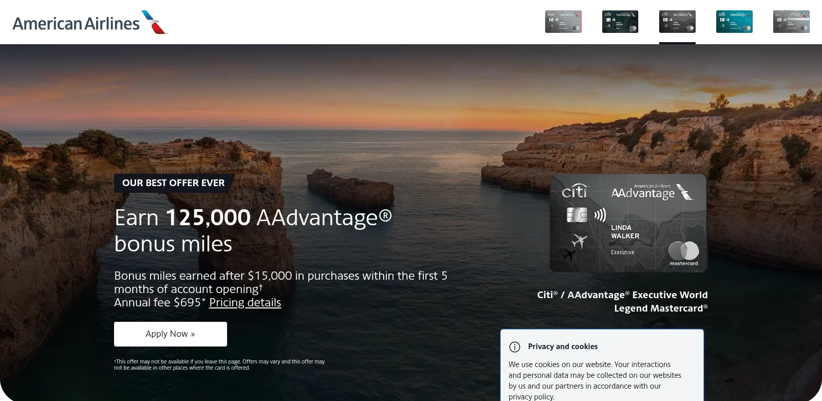Print da AA: Our Best Offer Ever, 125.000 milhas AAdvantage após US$ 15.000 em 5 meses, anuidade US$ 695