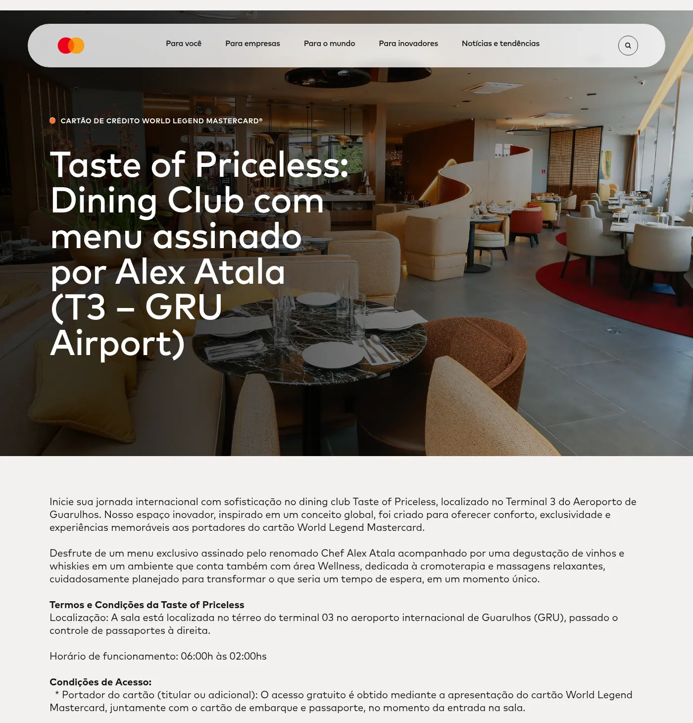 Taste of Priceless no Terminal 3 de Guarulhos, dining club World Legend Mastercard com menu de Alex Atala