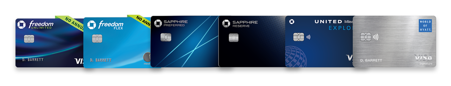 Cartões pessoais Chase sujeitos ao 5/24: Freedom Unlimited, Flex, Sapphire Preferred, Sapphire Reserve, United Explorer e Hyatt