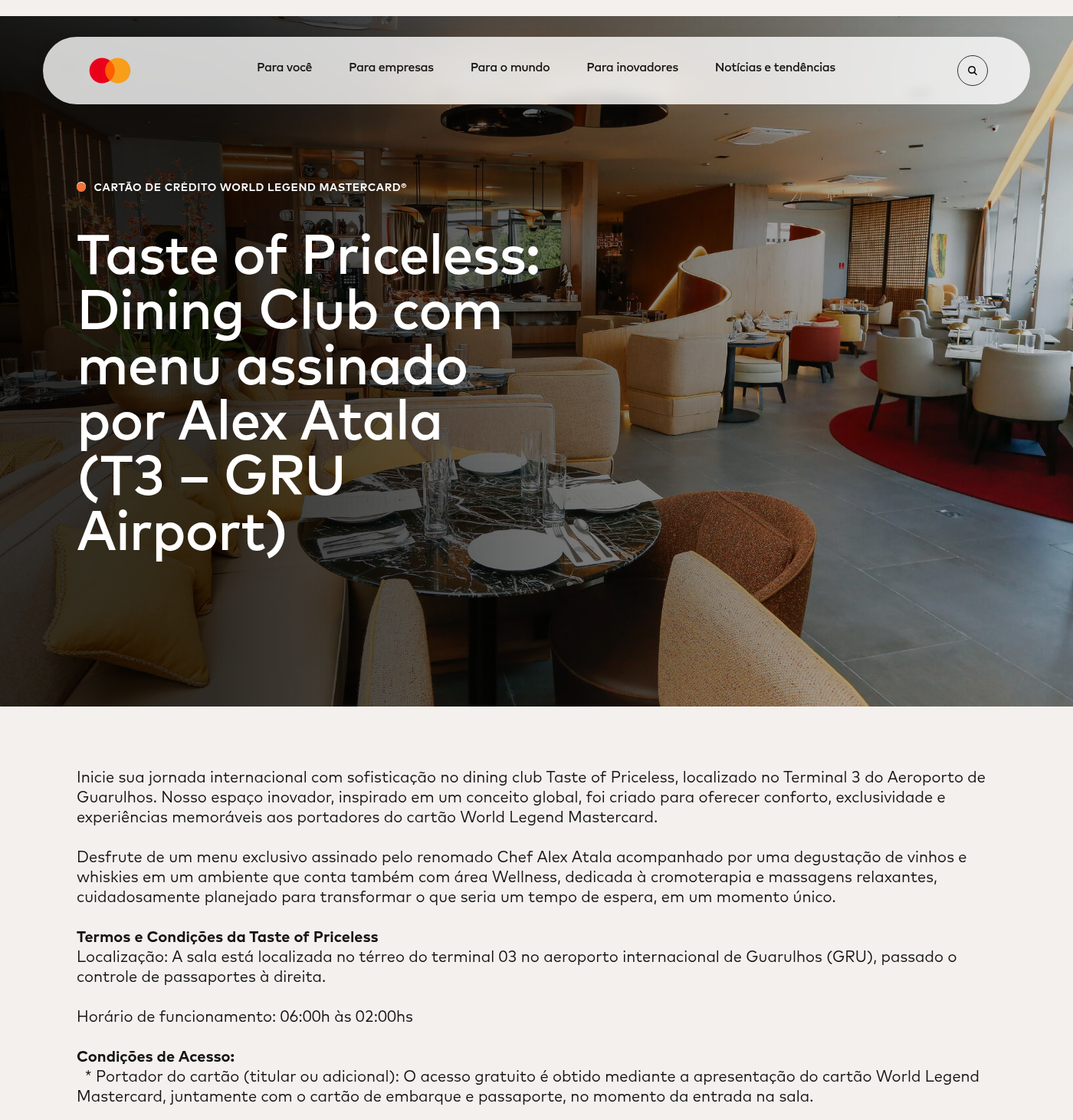 Taste of Priceless no Terminal 3 de Guarulhos, dining club World Legend Mastercard com menu de Alex Atala