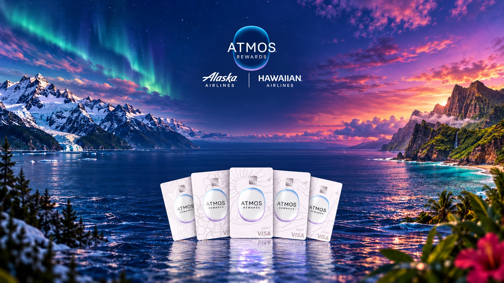 Logos Atmos Rewards, Alaska Airlines e Hawaiian Airlines sobre paisagem do Alasca e do Havaí, com cinco cartões de débito