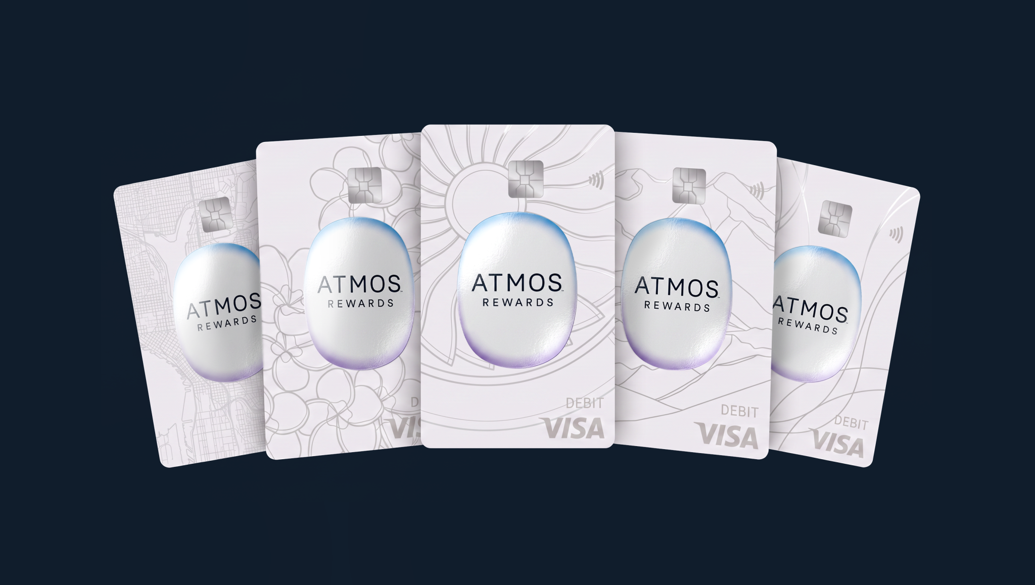 Cinco cartões de débito Atmos Rewards: Seattle, Plumeria, Engine, Denali e Water