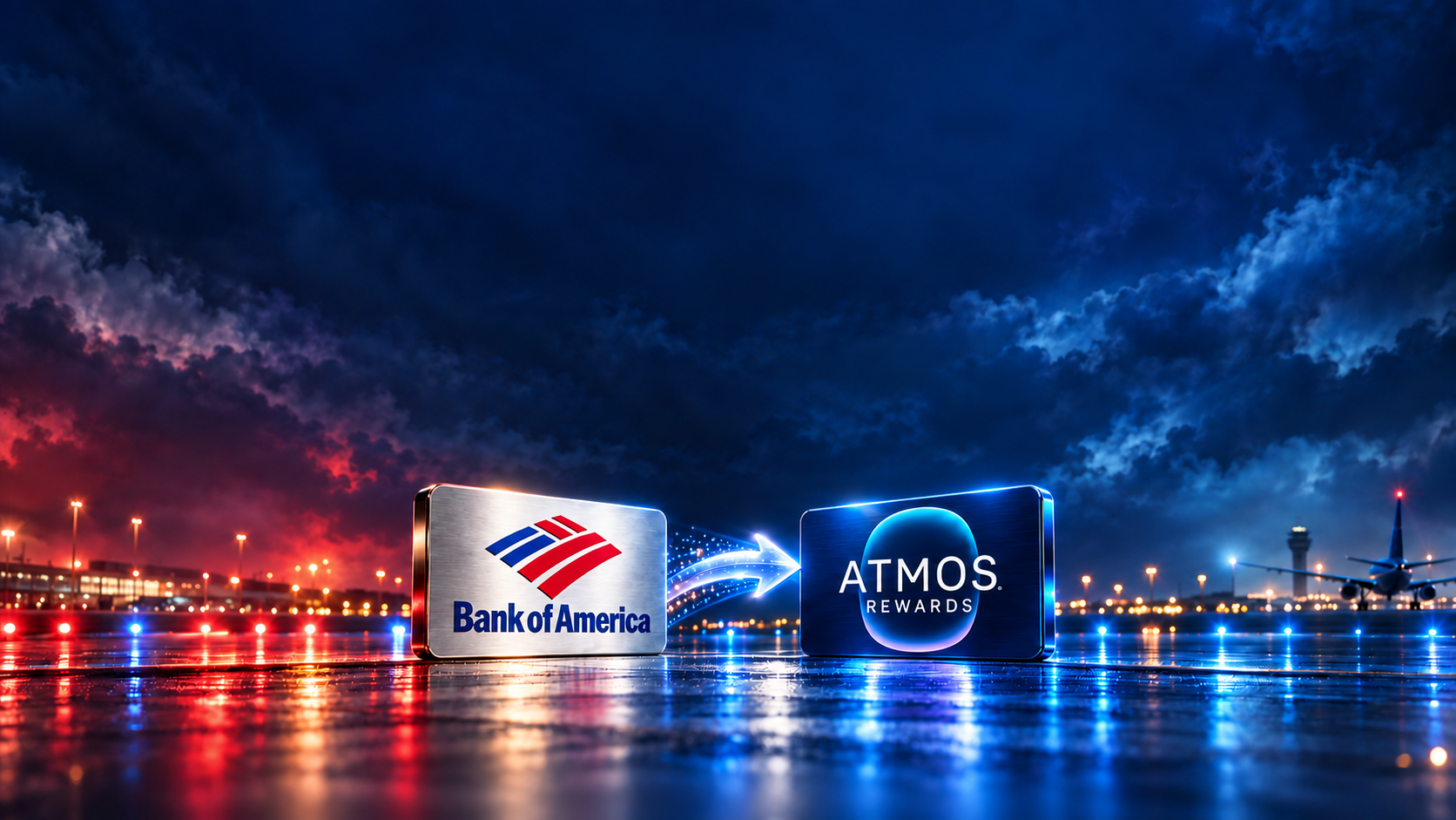 Marcas Bank of America e Atmos Rewards ligadas por uma trilha de pontos em uma pista de aeroporto