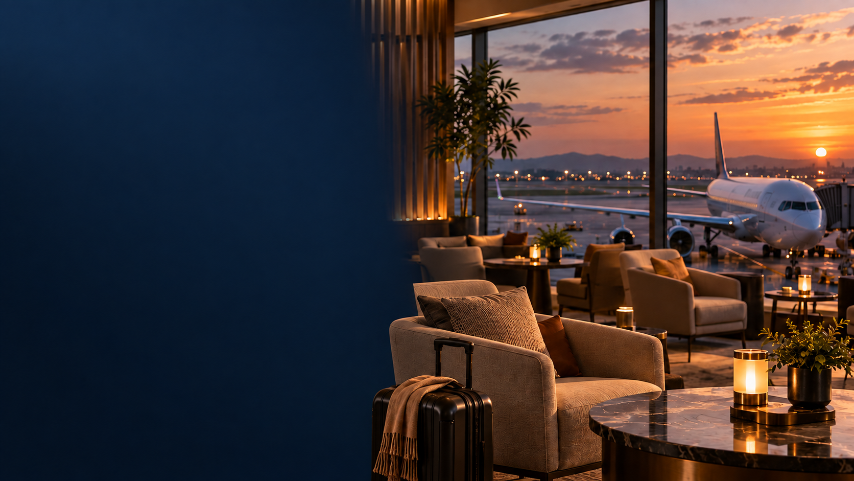 Ilustração de lounge de aeroporto com avião ao pôr do sol, para o artigo sobre status match Mabuhay Miles.