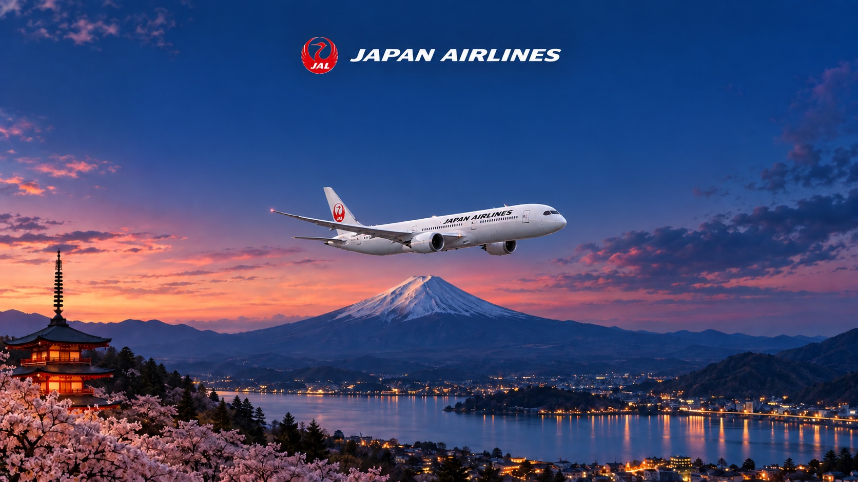 Avião da Japan Airlines sobre o Monte Fuji ao entardecer, com o logo da companhia centralizado.