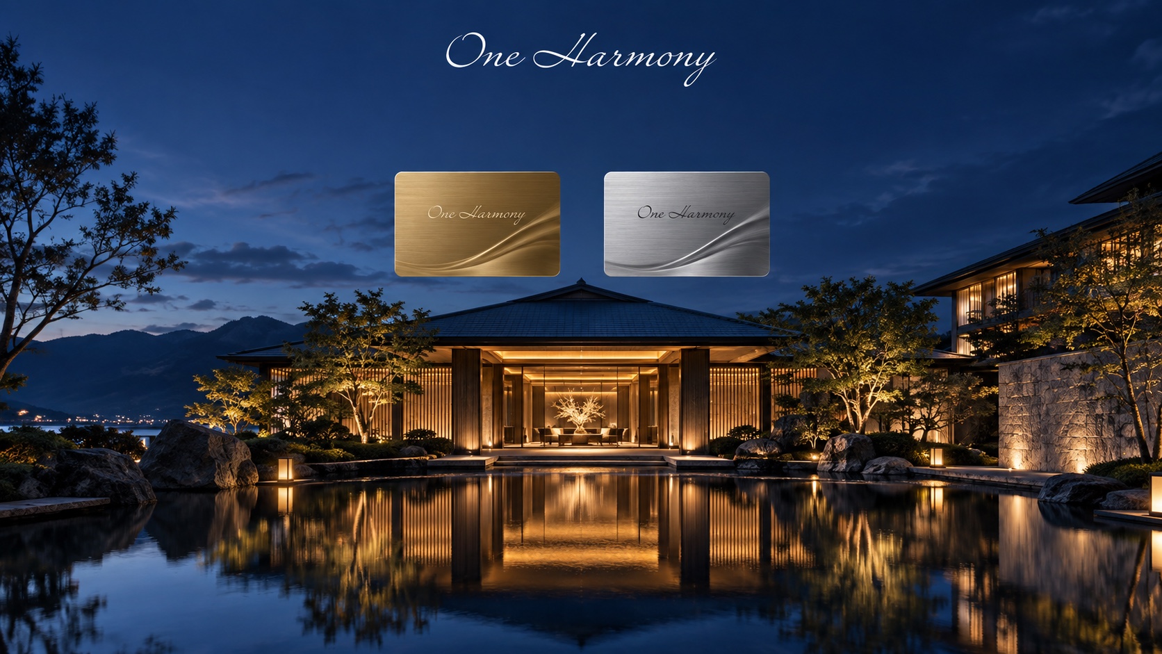 Ilustração editorial do One Harmony com cartões dourado e prateado sobre um hotel japonês ao anoitecer.