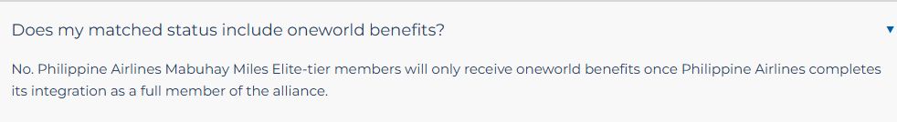 FAQ oficial: o status match Mabuhay Miles só dará benefícios oneworld após a integração completa da Philippine Airlines.