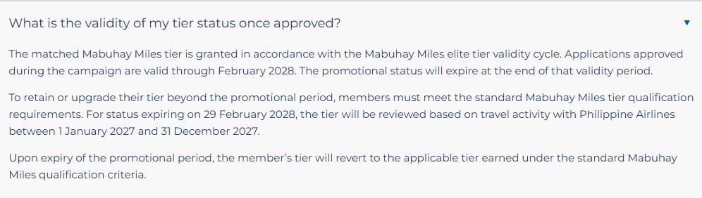 FAQ oficial: status promocional válido até fevereiro de 2028, com renovação sujeita aos critérios normais do Mabuhay Miles.