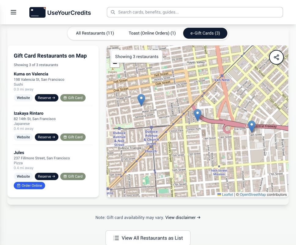 Captura real do UseYourCredits com filtro e-Gift Cards, mapa de São Francisco e botão Gift Card nos restaurantes.