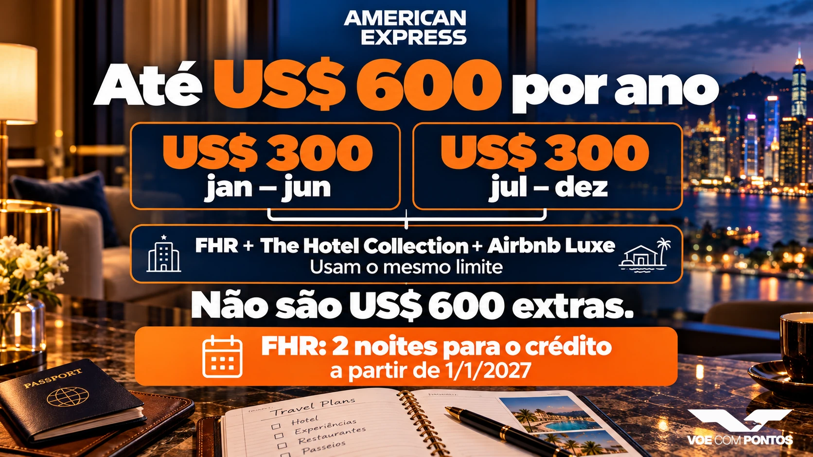 Até US$300 em cada semestre, mesmo limite para FHR, The Hotel Collection e Airbnb Luxe. FHR exige duas noites para o crédito a partir de 1º de janeiro de 2027