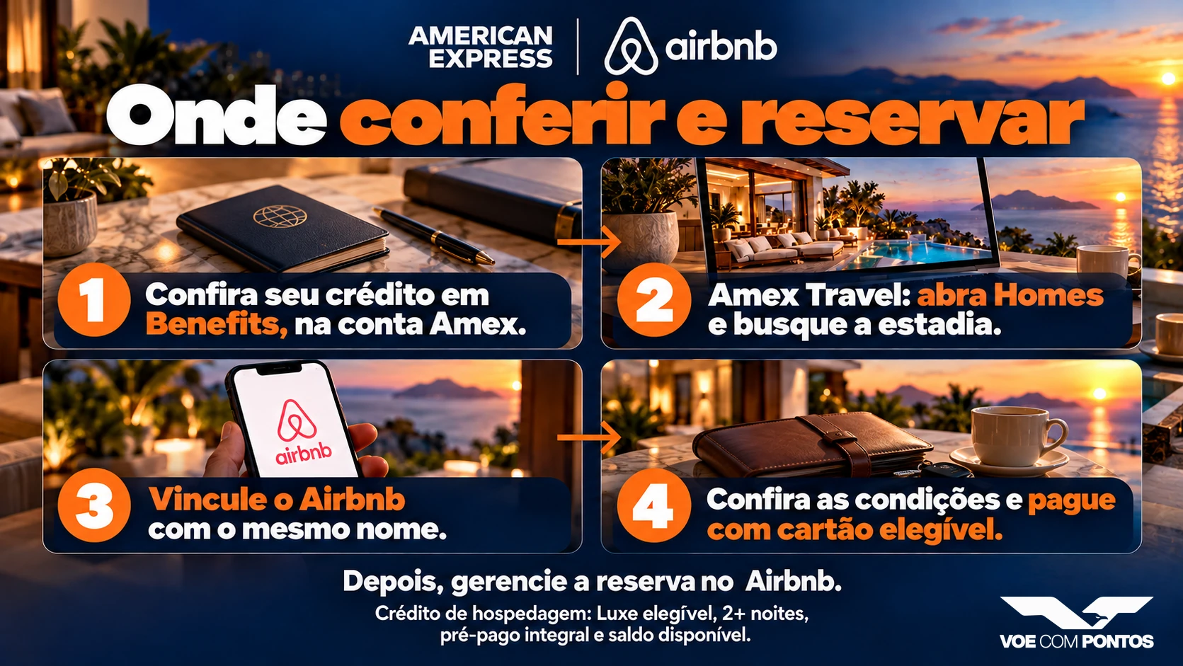 Como reservar: confira o crédito em Benefits na conta Amex, abra Homes no Amex Travel, vincule o Airbnb com o mesmo nome e pague com cartão elegível. Gerencie a reserva no Airbnb.