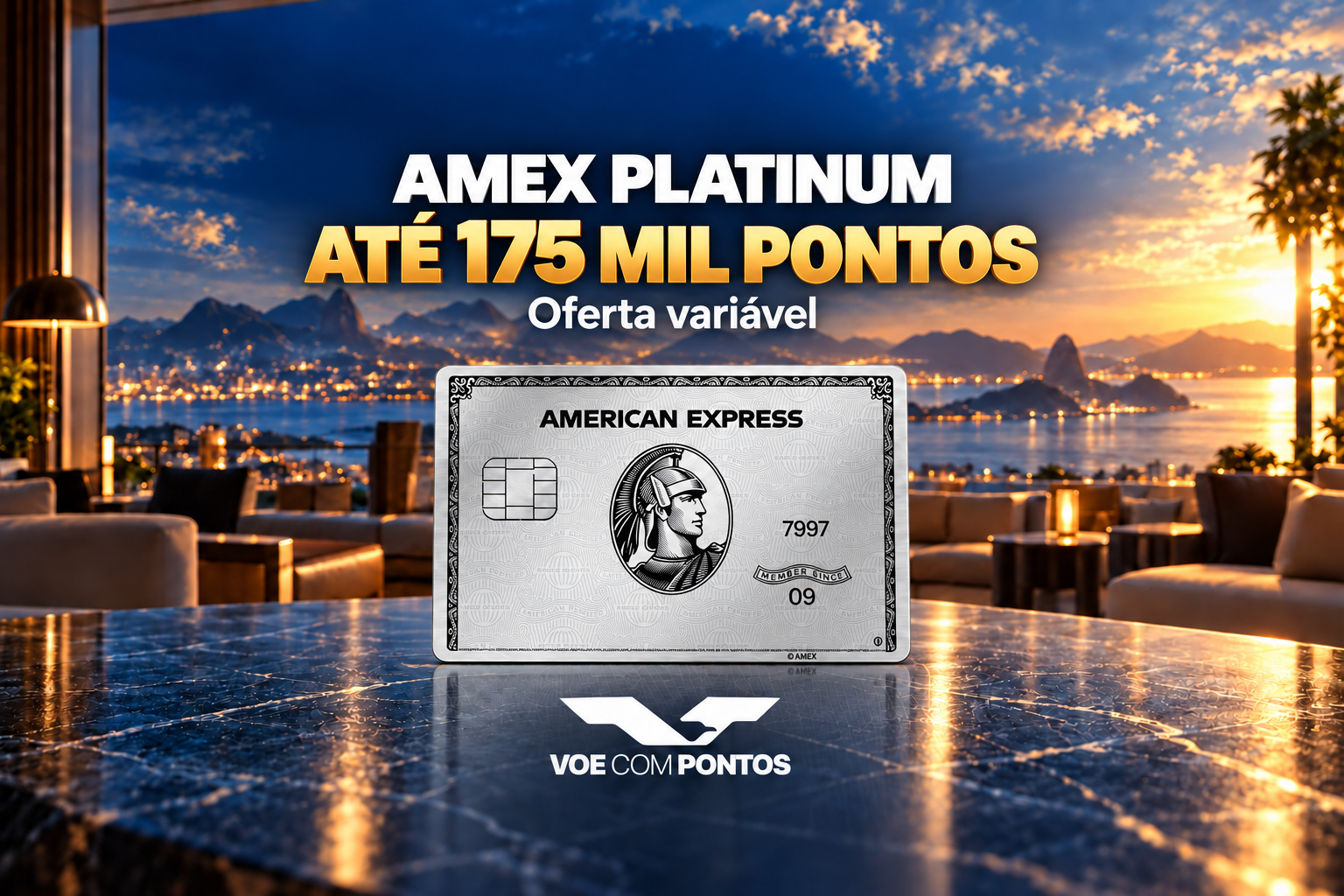 Amex Platinum pessoal dos EUA: até 175 mil pontos, oferta variável, cartão prata e logo Voe Com Pontos