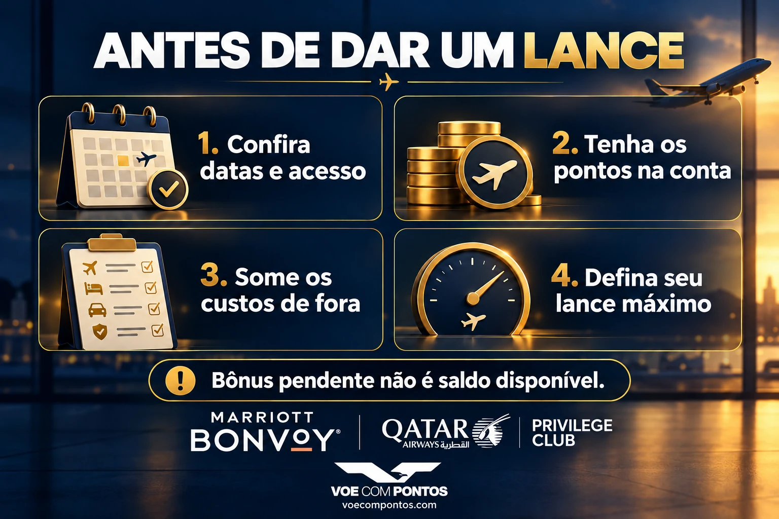 Antes do lance: confira datas e acesso, tenha os pontos na conta, some custos externos e defina um lance máximo. Bônus pendente não é saldo disponível.