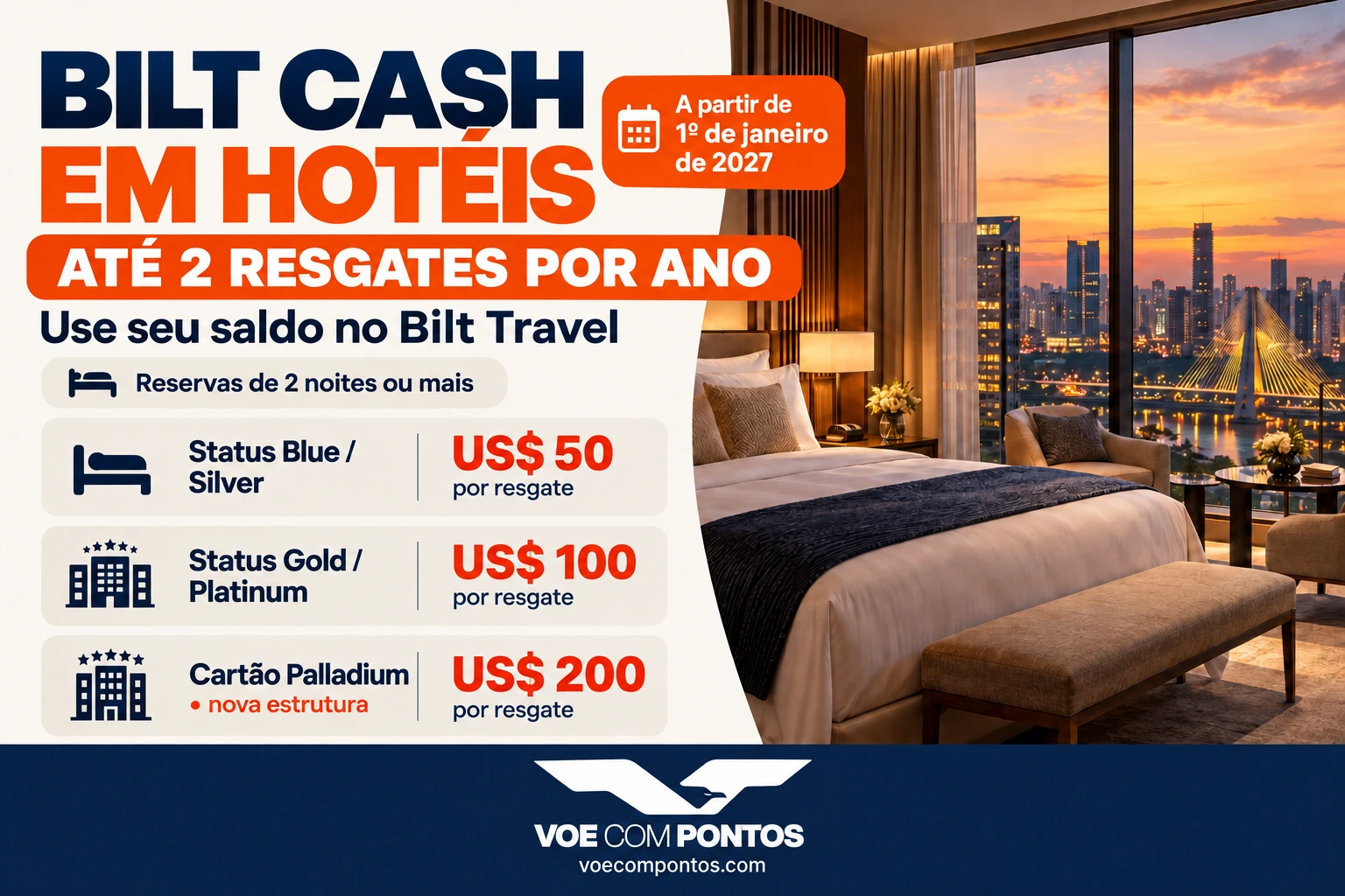 Limites de Bilt Cash em hotéis em 2027: dois resgates por ano, com valores por status ou Palladium atualizado