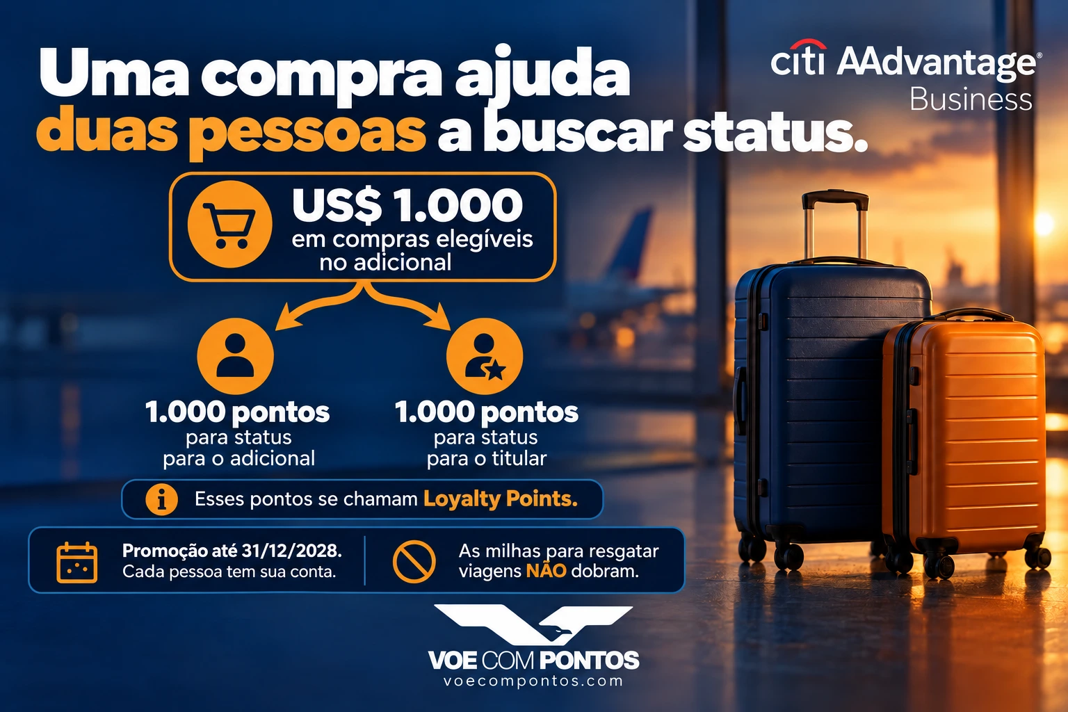 Exemplo Business: mil dólares no adicional geram mil Loyalty Points para ele e mil para o titular, sem duplicar milhas