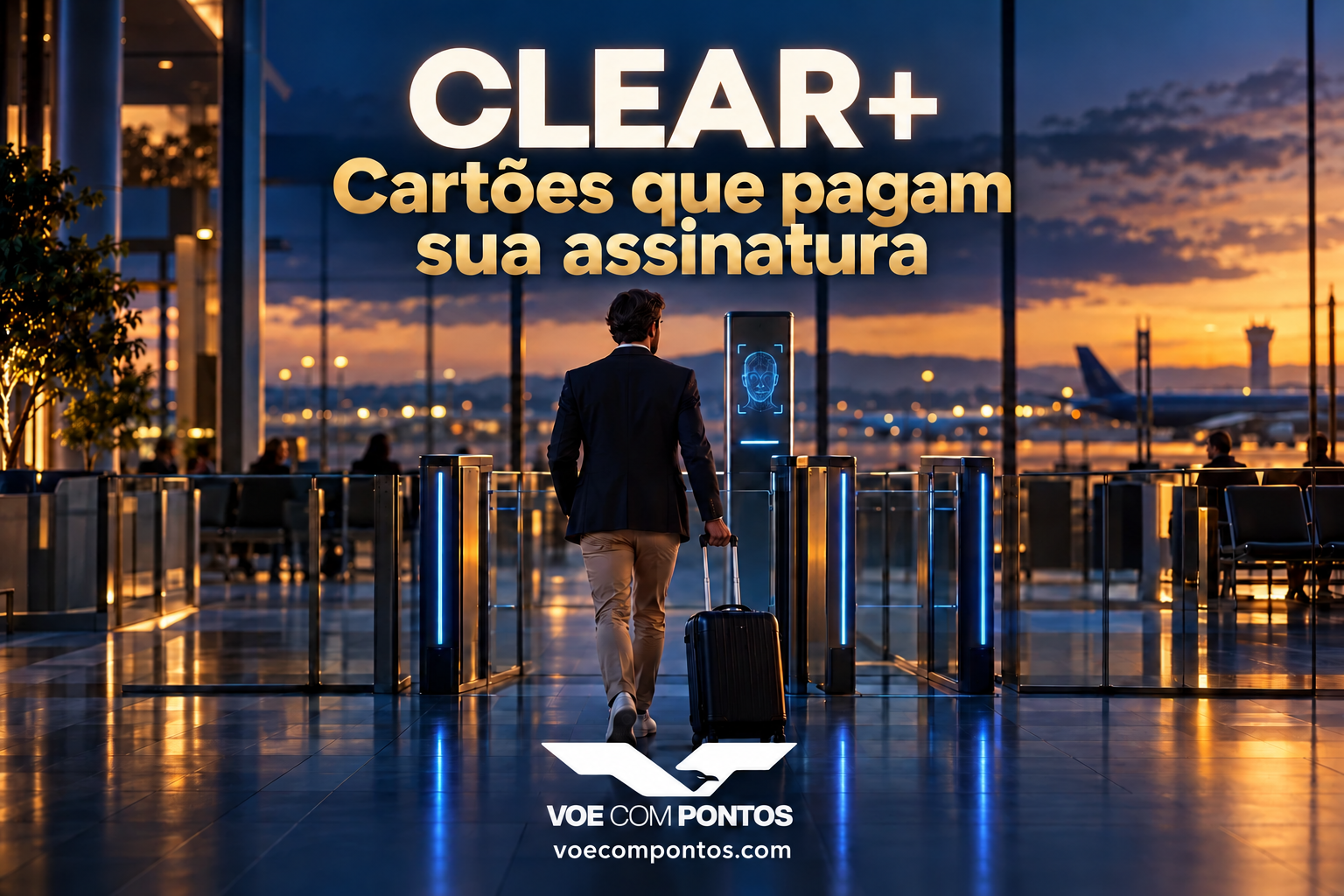 CLEAR+: cartões que pagam sua assinatura, com viajante no aeroporto, logo Voe Com Pontos e voecompontos.com abaixo da logo.