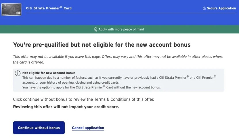 Aviso do Citi Strata Premier: pessoa pré-qualificada, mas sem direito ao bônus; opções de continuar sem bônus ou cancelar a solicitação.