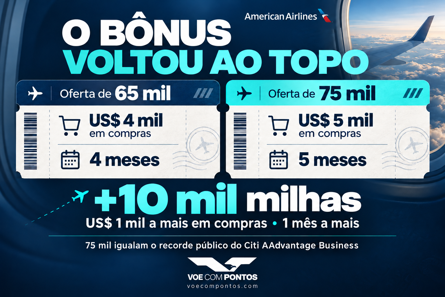 Comparação Citi Business: 65 mil milhas por US$ 4 mil em 4 meses versus 75 mil por US$ 5 mil em 5 meses