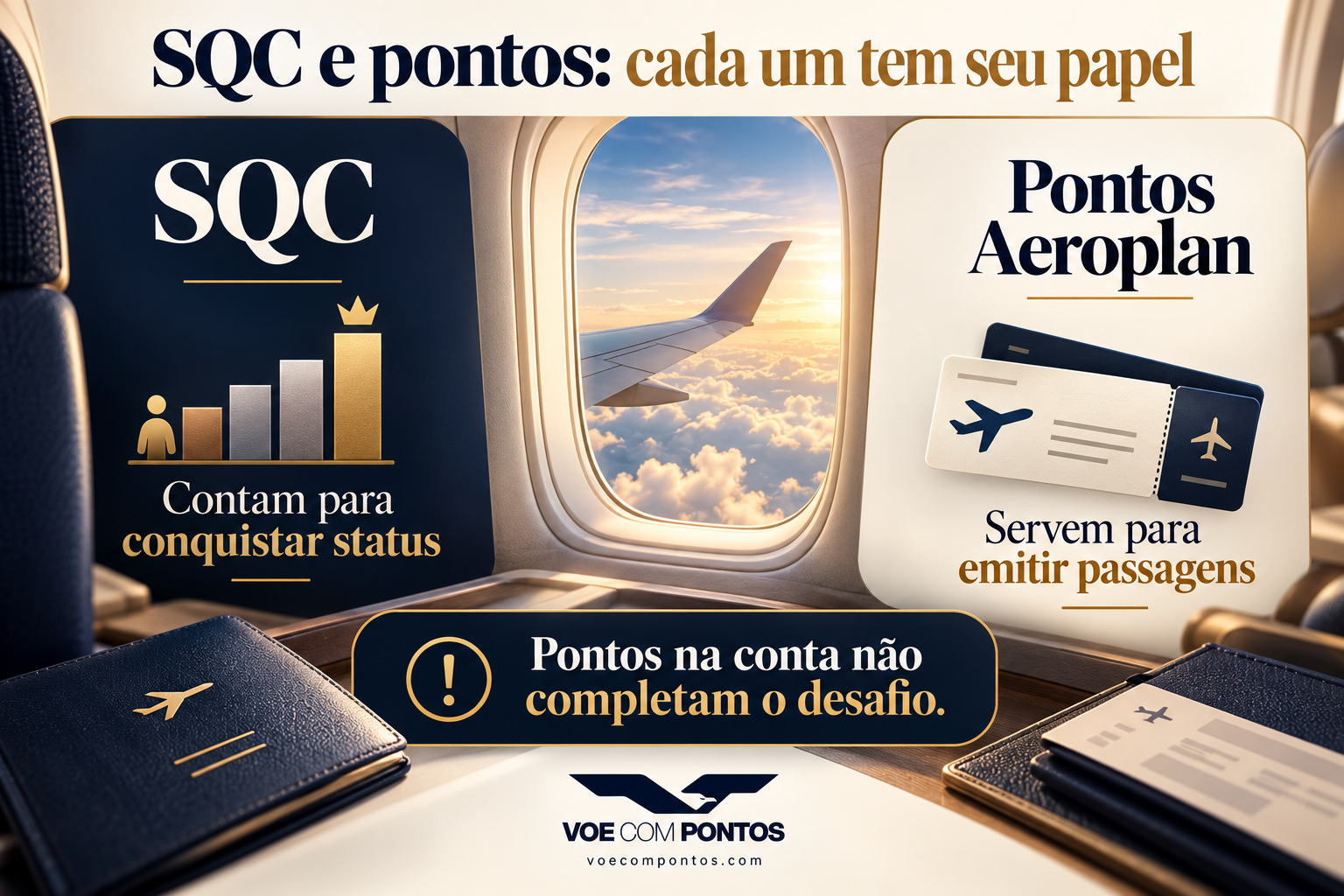 SQC contam para conquistar status; pontos Aeroplan servem para emitir passagens. Saldo de pontos não completa o desafio.