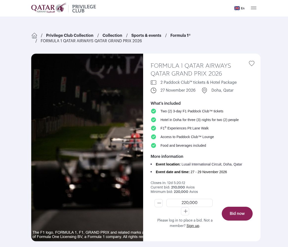 Oferta do Grande Prêmio do Qatar de 2026 na Qatar Collection, com dois passes Paddock Club, três noites e próximo lance de 220.000 Avios.