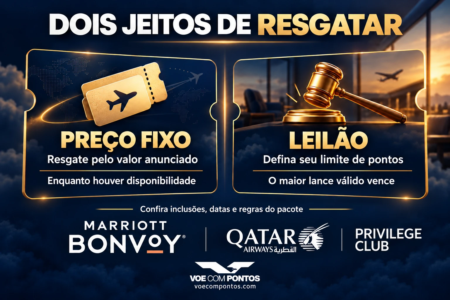 Preço fixo permite resgatar pelo valor anunciado; no leilão, defina um limite e concorra pelo maior lance válido.