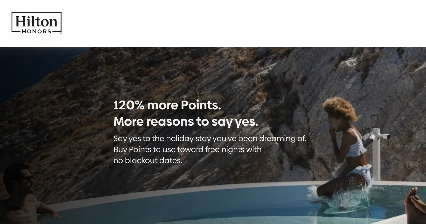 Banner Hilton Honors da campanha de compra de pontos com 120% de bônus, com piscina de hotel