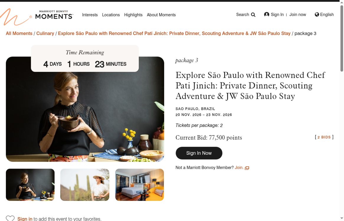 Página do lote público 117574 de Pati Jinich no Marriott Bonvoy Moments, com pacote para duas pessoas e lance de 77.500 pontos.