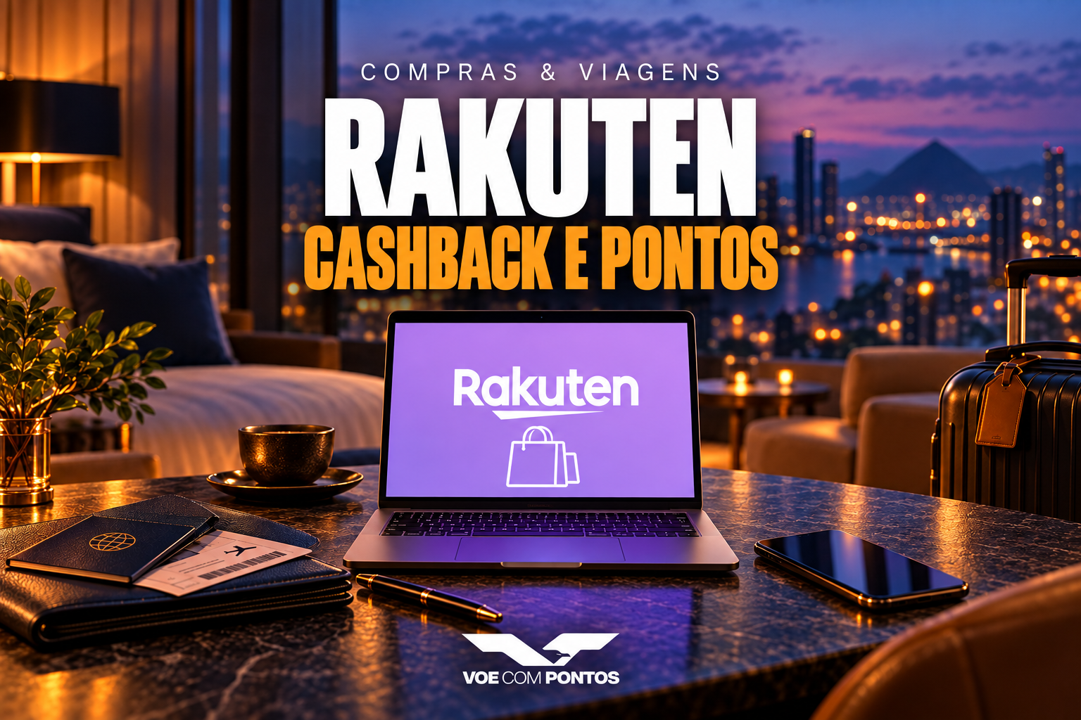 Rakuten: cashback e pontos, com notebook e acessórios de viagem em um ambiente elegante.