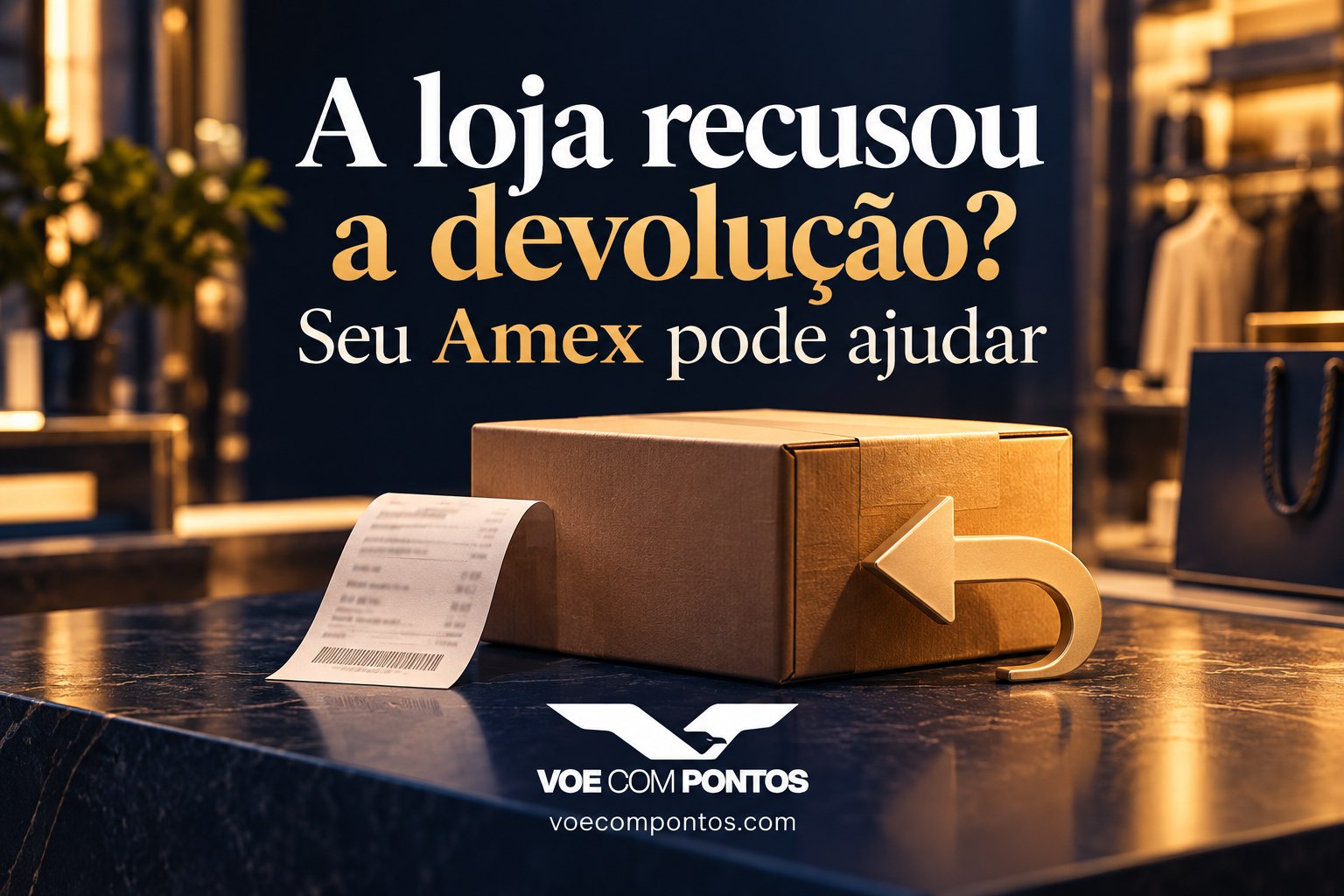 A loja recusou a devolução? Seu Amex pode ajudar: caixa de compra, recibo e marca Voe com Pontos.