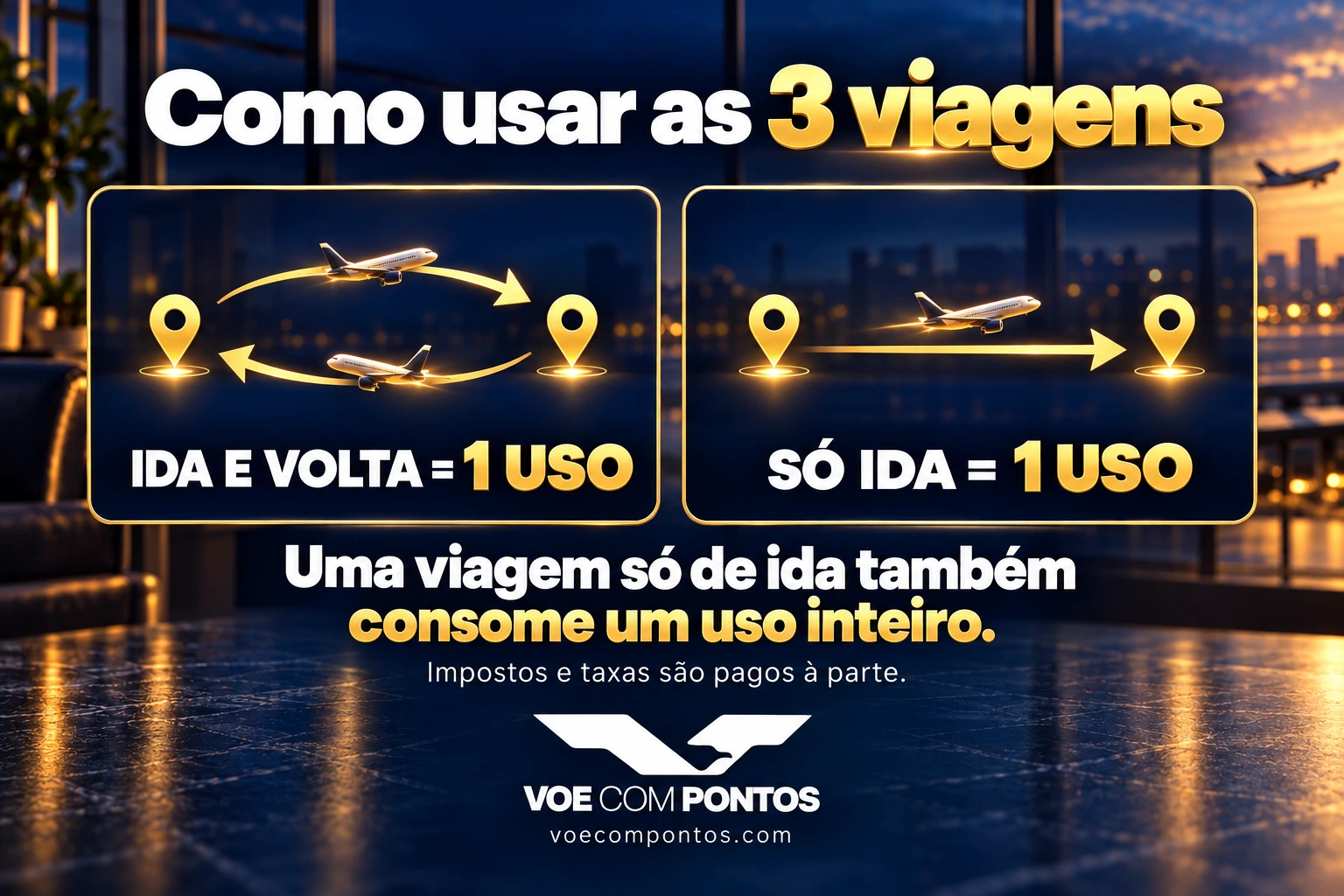Como usar as três viagens: uma ida e volta consome um uso; somente a ida também consome um uso inteiro. Impostos e taxas são pagos à parte.