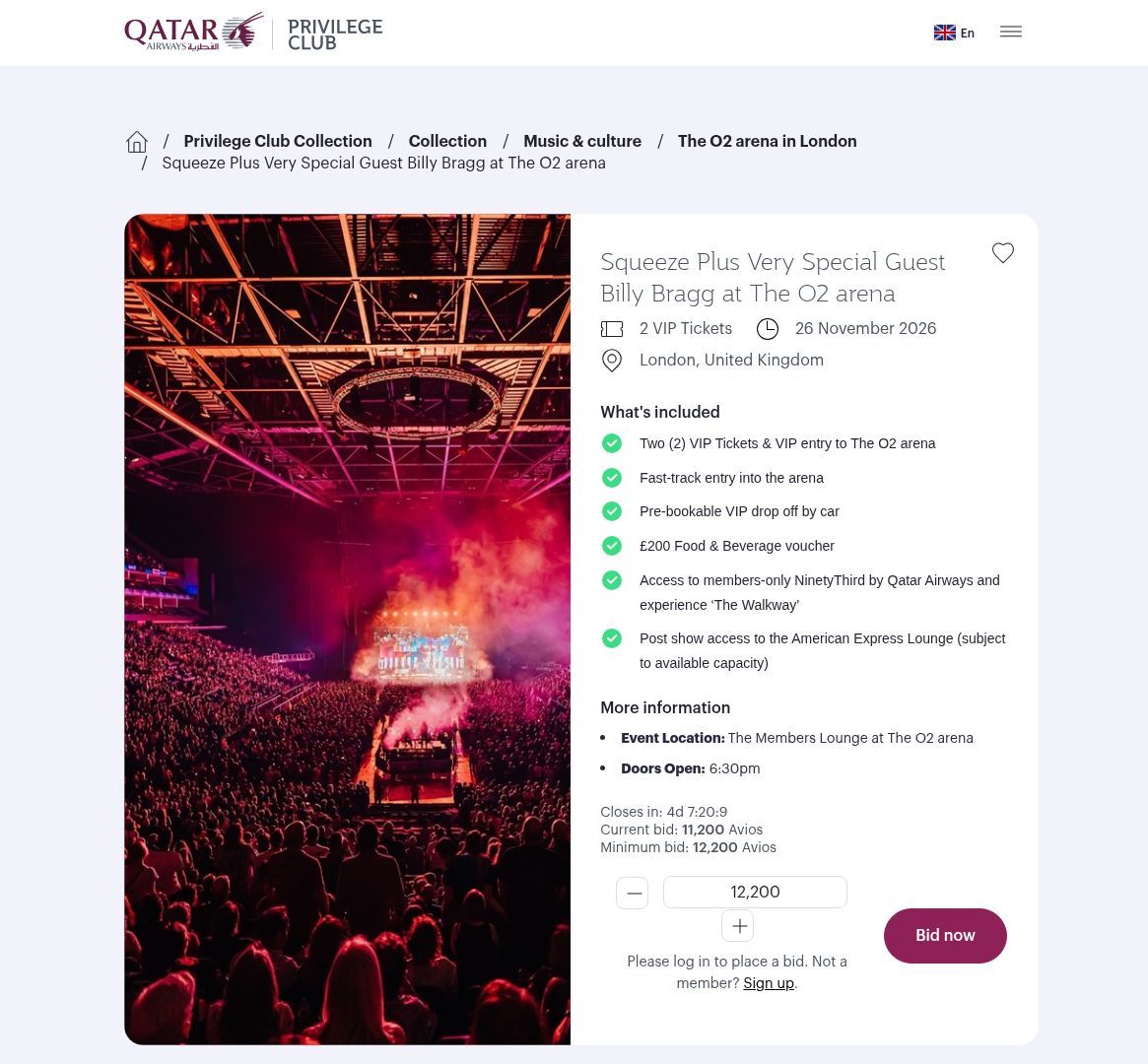 Oferta de Squeeze e Billy Bragg no The O2 na Qatar Collection, com dois ingressos VIP e voucher de £200 para comida e bebida.