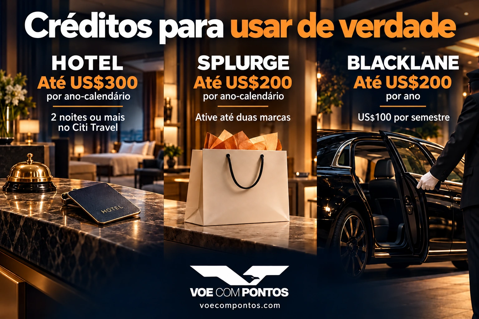Créditos do Citi Strata Elite: até US$300 em hotel e US$200 Splurge por ano-calendário, além de US$100 Blacklane por semestre