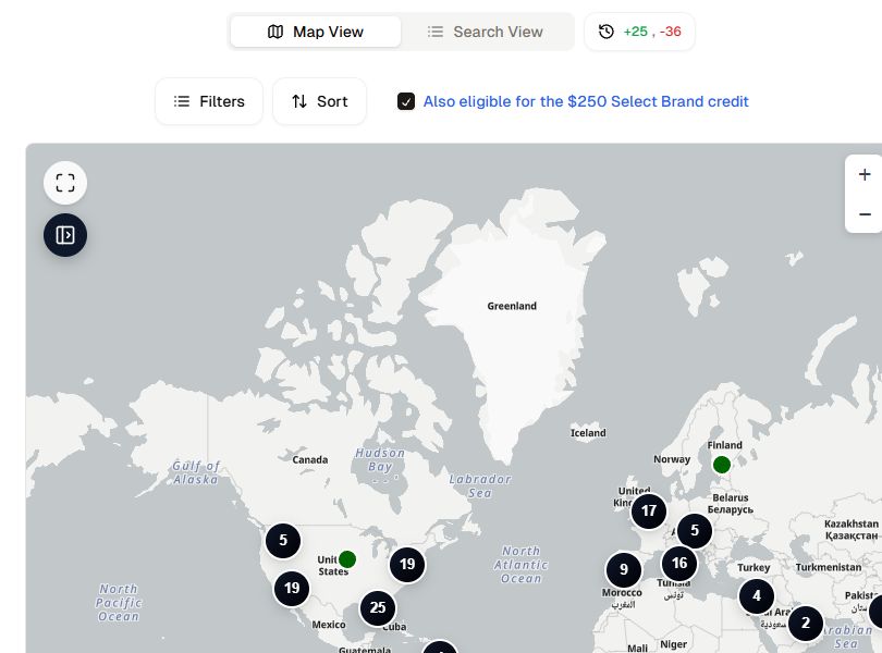 Mapa de hotéis The Edit no AwardHack com filtro para o crédito extra de US$ 250