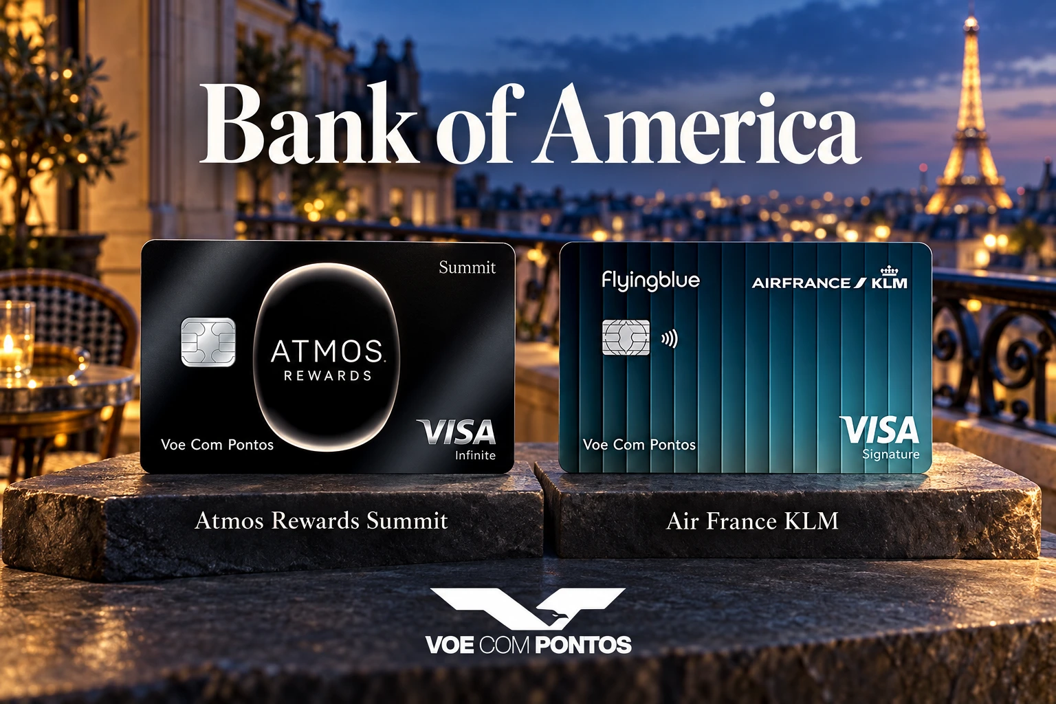 Bank of America Atmos Rewards Summit Visa Infinite e Air France KLM Visa Signature em composição de viagem.