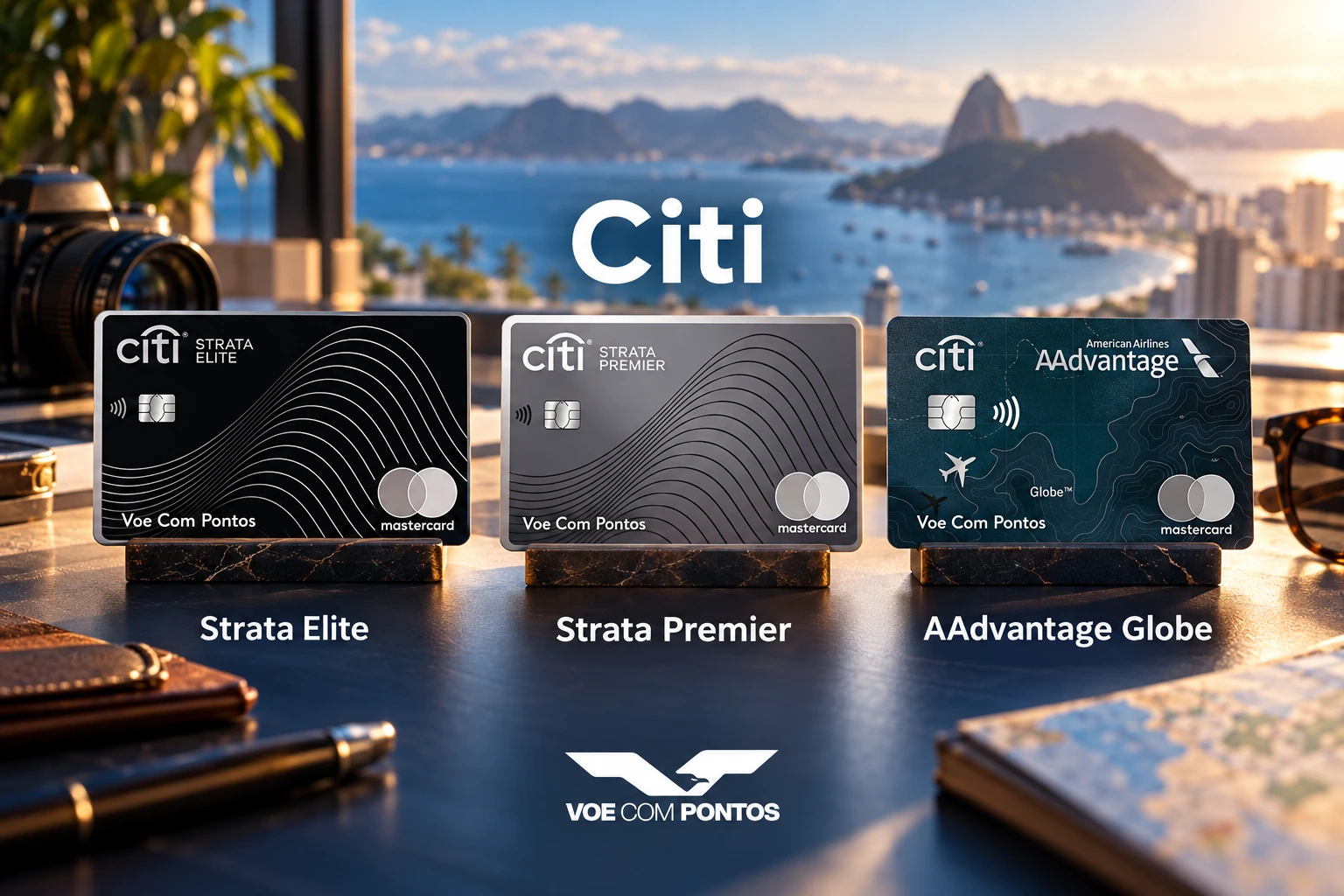 Citi Strata Elite, Strata Premier e AAdvantage Globe em composição de viagem.